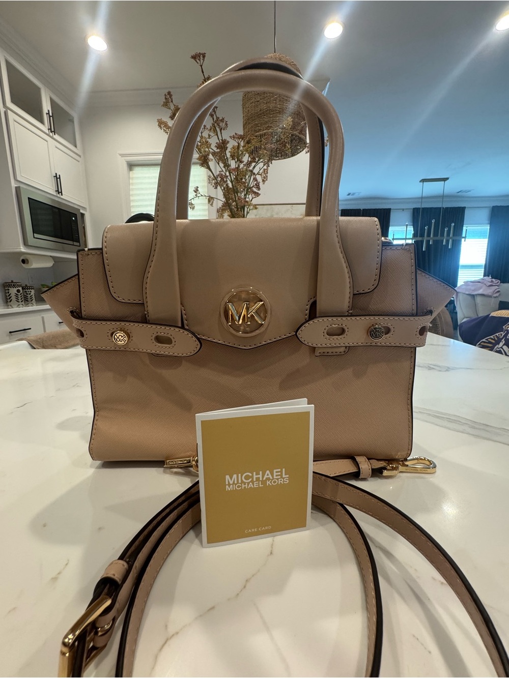 Michael Kors Blush Tan Saffiano Leather Satchel with Gold MK Emblem